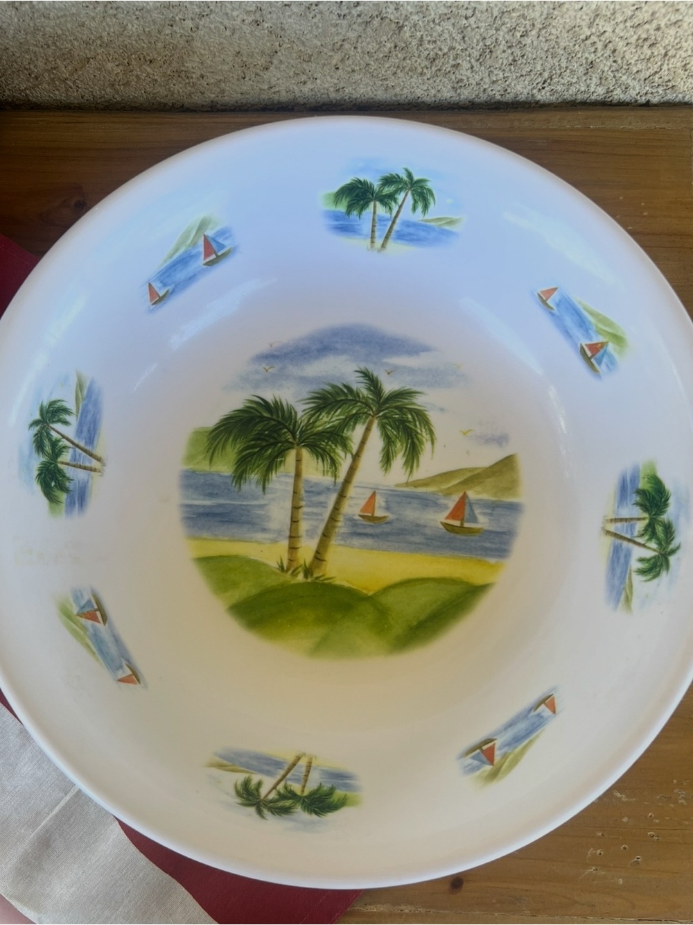 Beach Palm Scenic Ceramic Serving Bowl - White with Green Accents